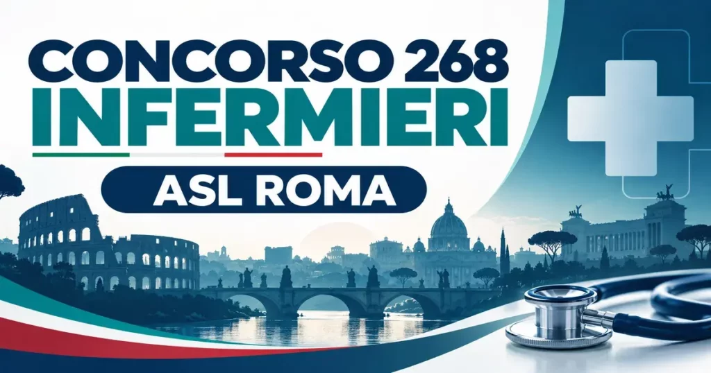 Concorso 268 infermieri ASL Roma 2026: bando per infermieri a tempo indeterminato, panorama di Roma con Colosseo e stetoscopio