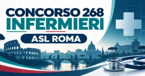 Concorso 268 infermieri ASL Roma 2026: bando per infermieri a tempo indeterminato, panorama di Roma con Colosseo e stetoscopio