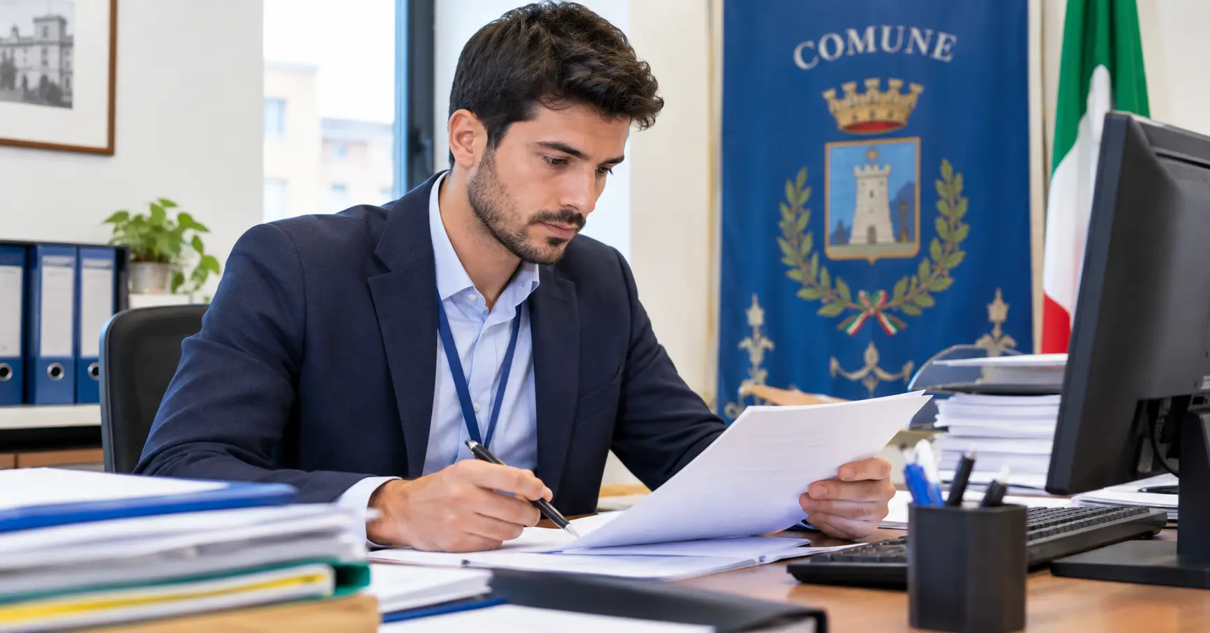 Come lavorare in Comune: impiegato comunale che esamina una pratica in ufficio, davanti allo stendardo del Comune