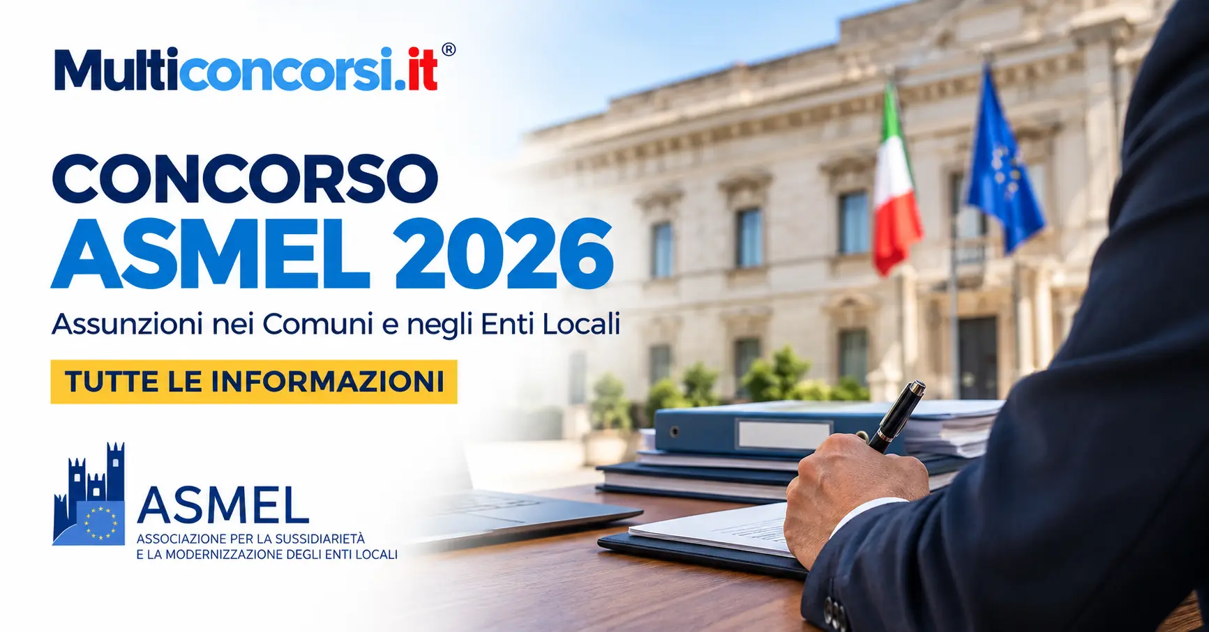 Candidature chiuse ASMEL 2026: assunzioni nei Comuni e negli Enti Locali, candidato che compila documenti davanti a un palazzo comunale